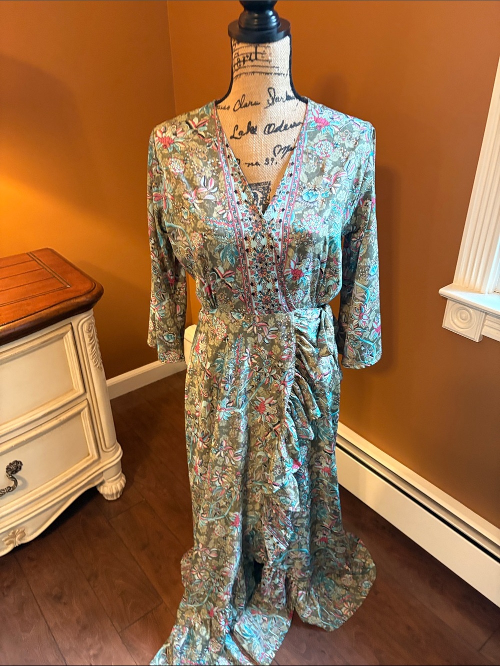 Floral Wrap Maxi Dress in Sage Green with Pink Accents